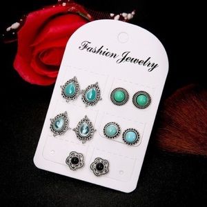 Gorgeous Set of 5 Turquoise and Silver Earrings